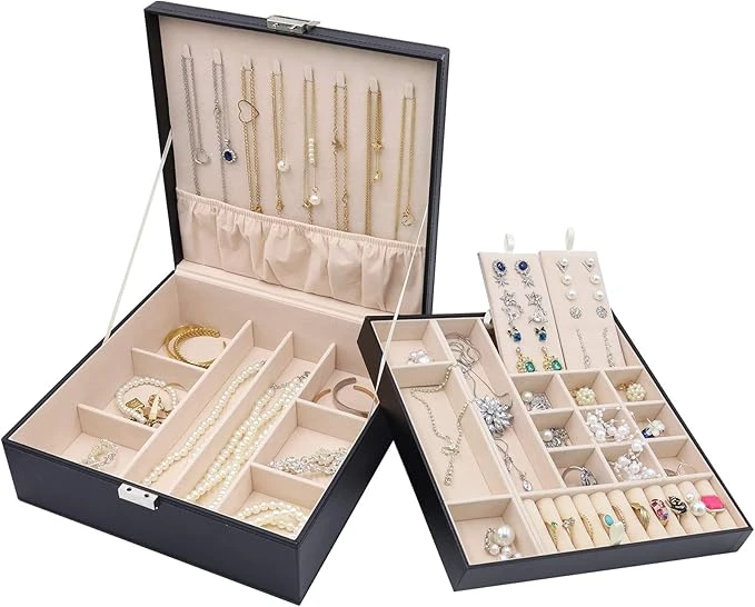 Layers Large Leather Jewelry Organizer Storage Case With Removable Pad For Earrings