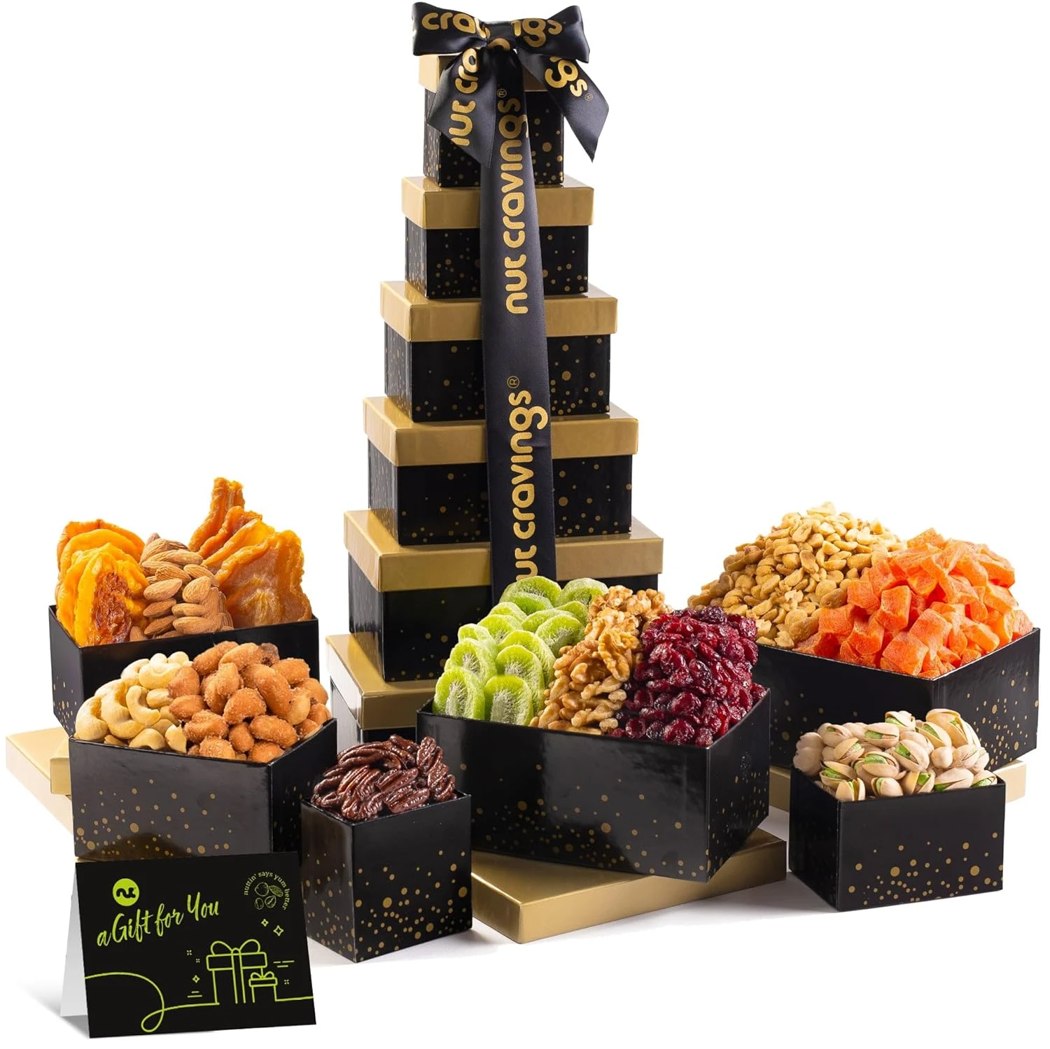 NUT CRAVINGS Mothers Day Treats Dried Fruit Mixed Nuts Gift Basket Black Tower Ribbon