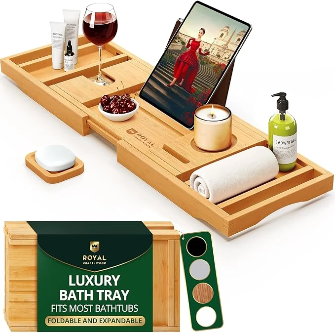 Premium Foldable Bathtub Tray Caddy Wood Bath Tray For Tub