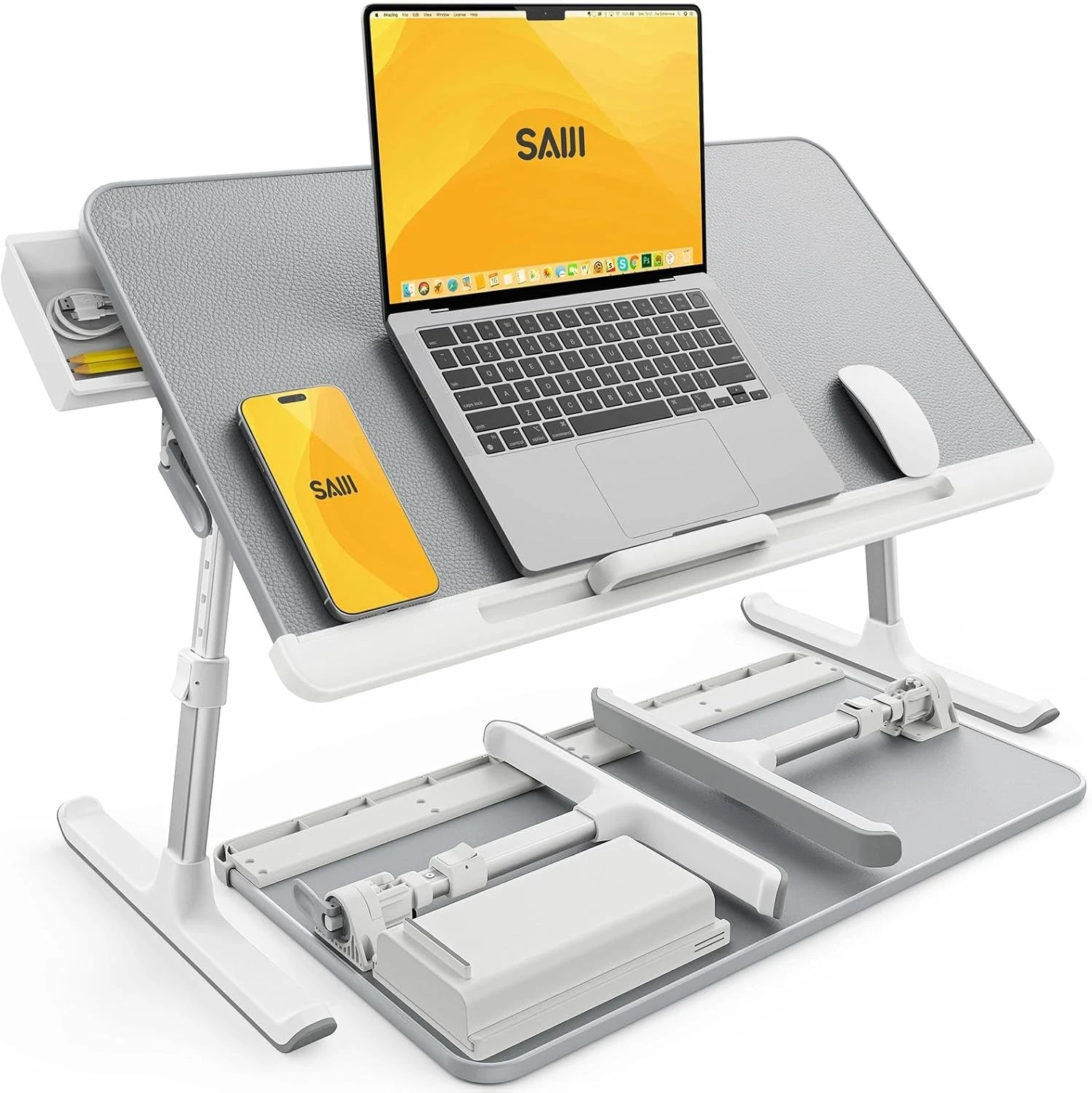 SAIJI Laptop Bed Tray Table Adjustable Portable Standing Desk With Storage Drawer