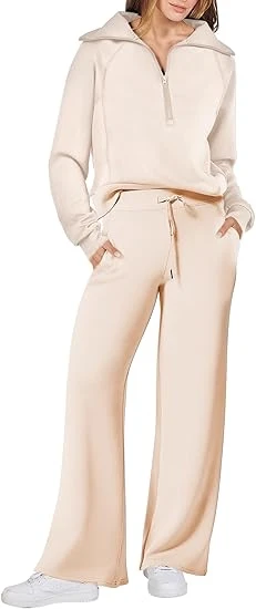 Womens  Piece Outfits Half Zip Sweatshirt Wide Leg Pants