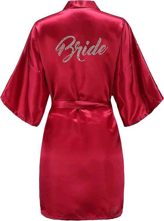 Womens One Size Silver Rhinestones Bride Bridesmaid Short Satin Robes For Wedding Party