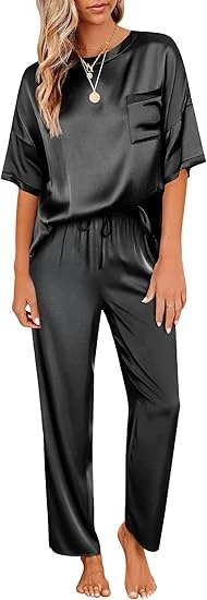 Womens Satin Silky Pajama Set Short Sleeve Shirt With Long Pajama With Pant