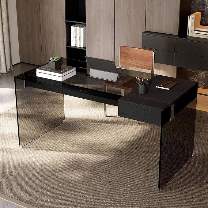 Modern Tempered Glass Executive Desk With Drawer
