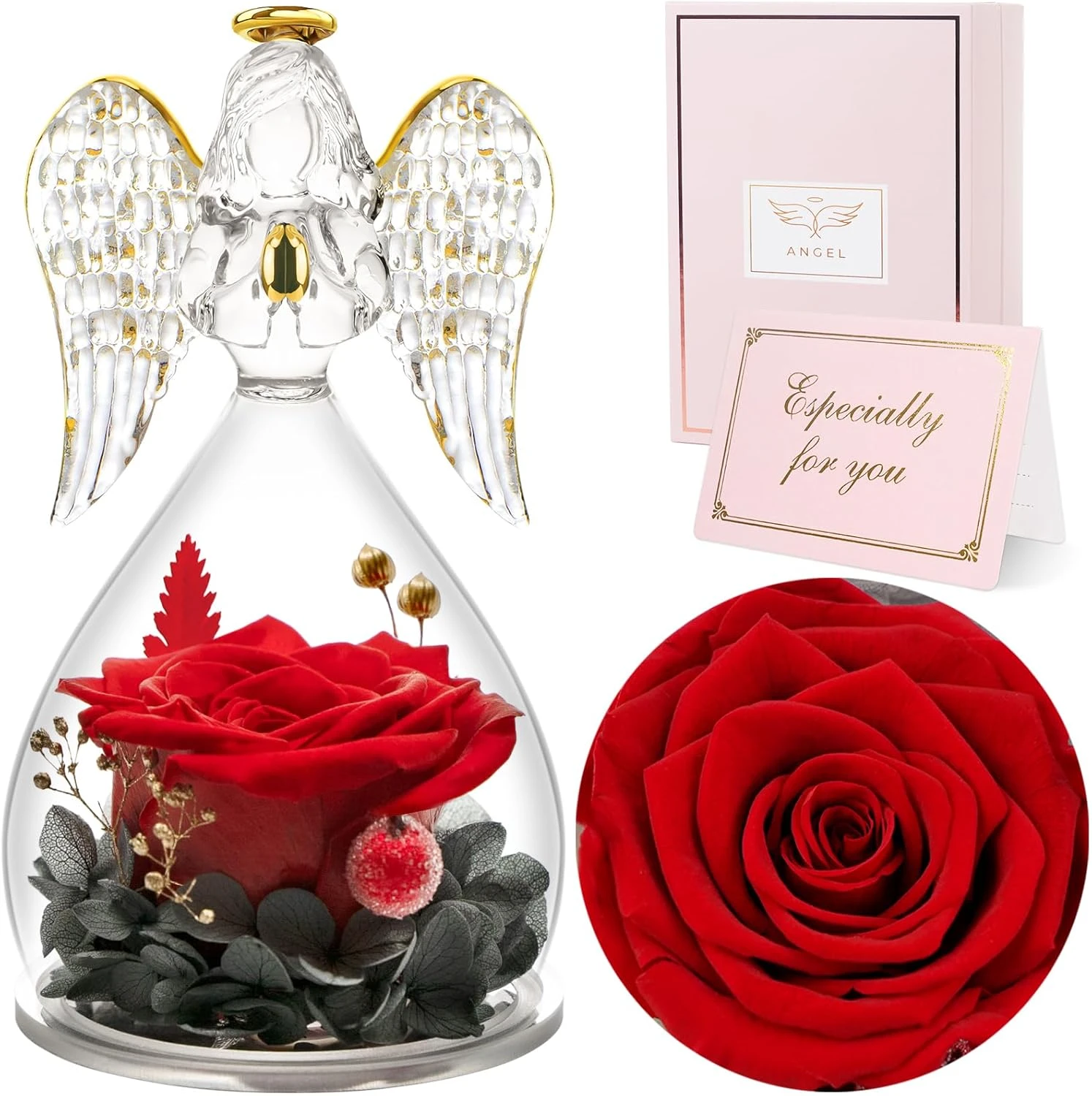 Preserved Real Roses In Glass Angel Figurine