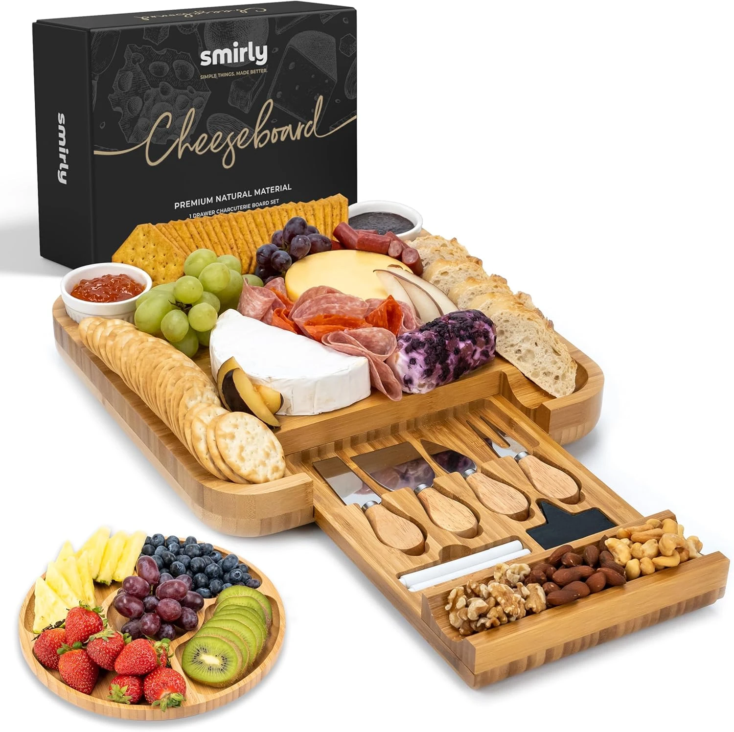 SMIRLY Charcuterie Large Bamboo Cheese Board Set For Serving