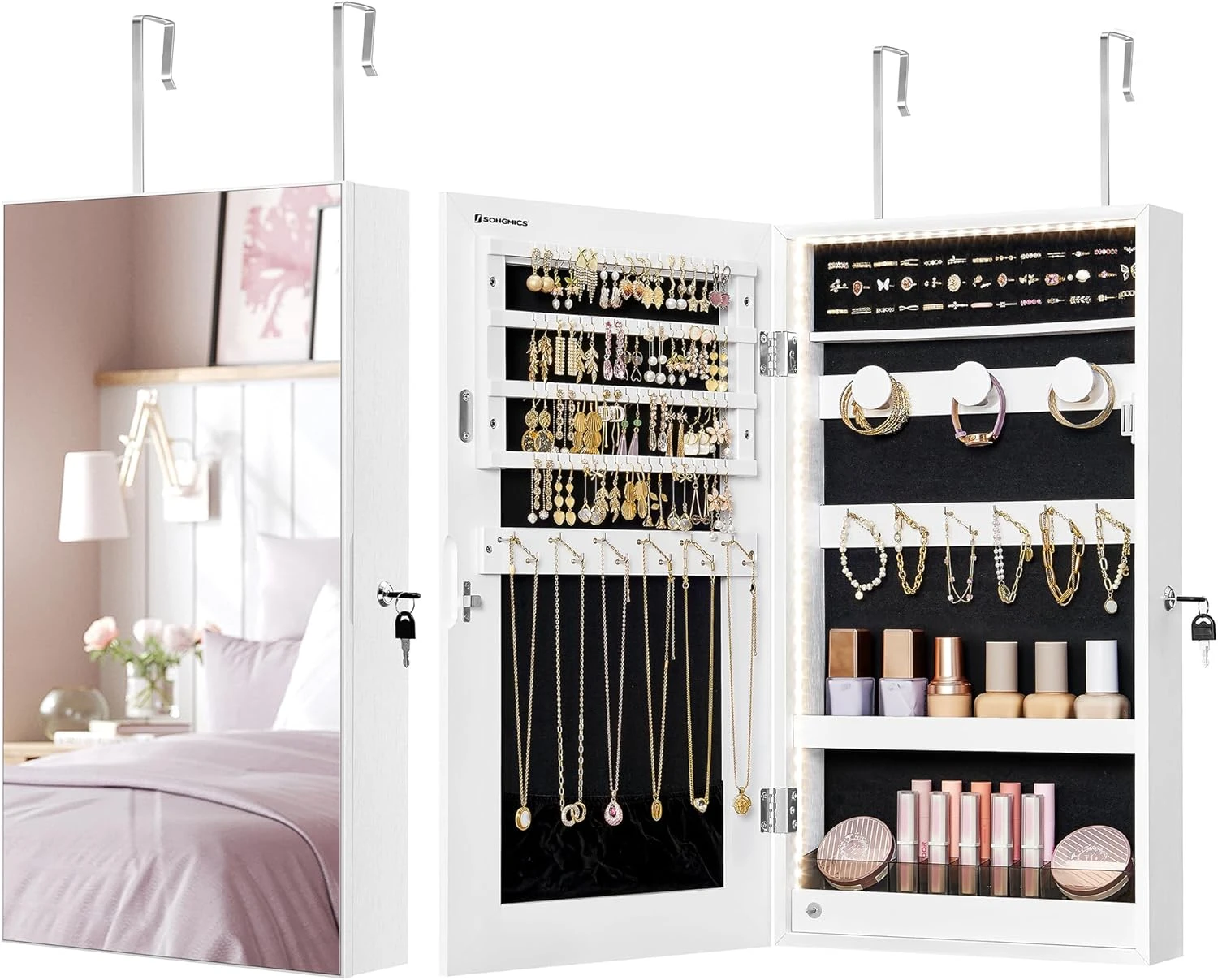 SONGMICS Mirror Jewelry Cabinet Armoire With Built In LED Lights